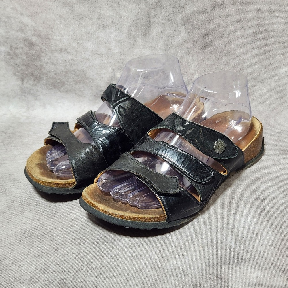 Think! Julia Black Leather Floral Embossed Triple Strap Slide Sandals EU 40